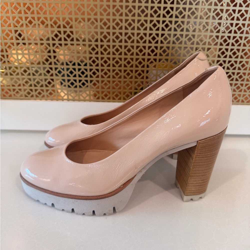 Glossy Blush Block Heel Pumps with Lug Sole